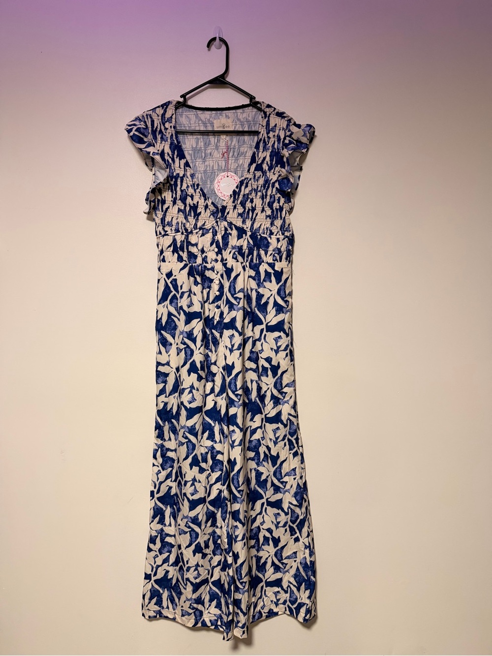 Umgee Blue and White Floral Jumpsuit